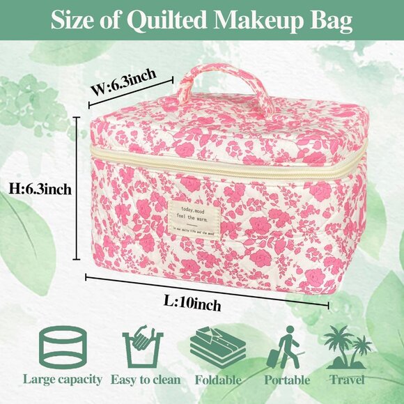 Pink Large Quilted Floral Makeup Bag Cute Soft Coquette Aesthetic Cosmetic Bag C - Picture 3 of 6